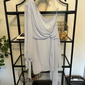 Blue Gianni Bini Chiffon One Shoulder Long Blouson Tie Sleeve Sheath Knot Twist